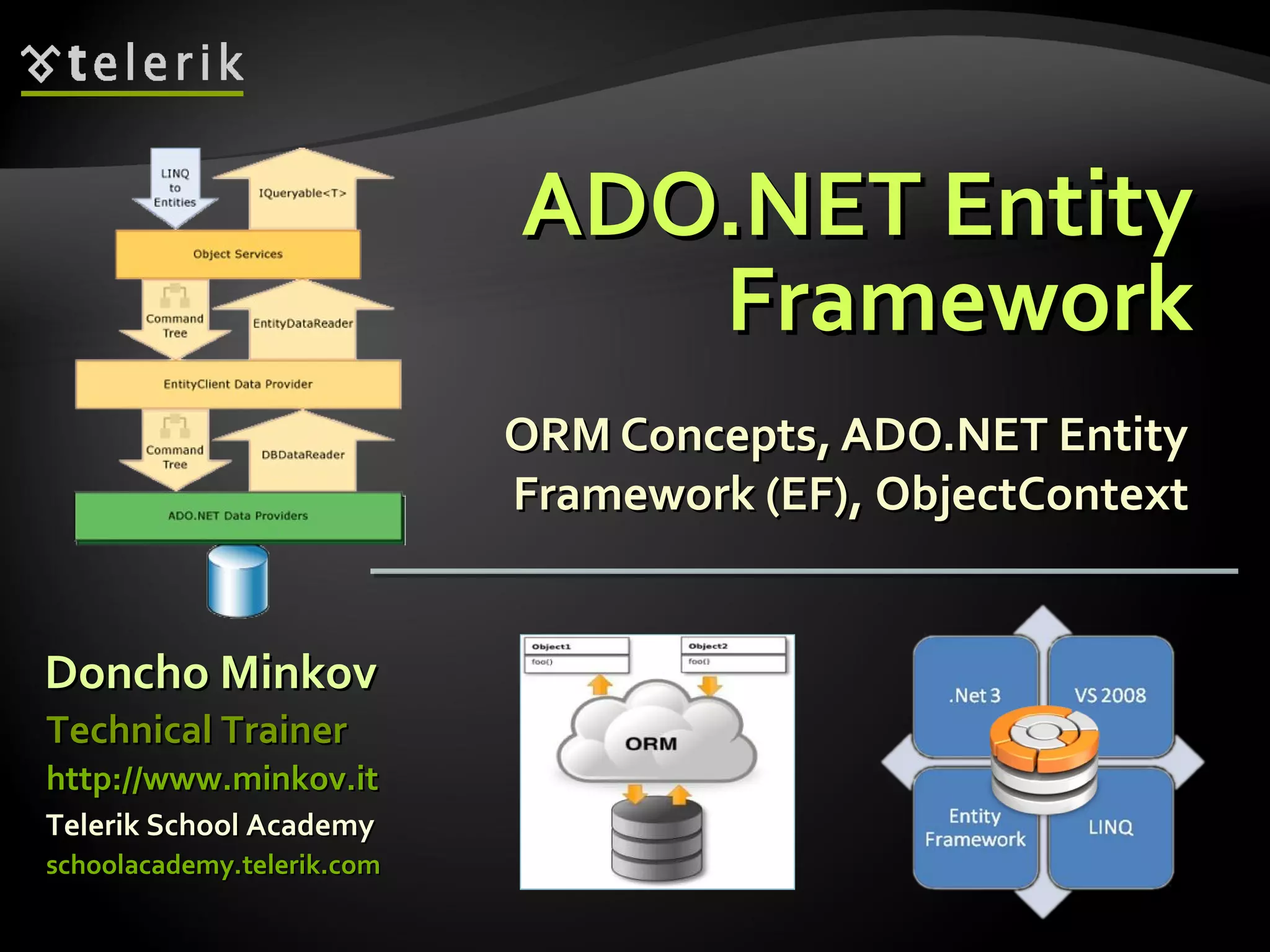 ADO.NET EntityADO.NET Entity
FrameworkFramework
ORM Concepts, ADO.NET EntityORM Concepts, ADO.NET Entity
Framework (EF),Framework (EF), ObjectContextObjectContext
Doncho MinkovDoncho Minkov
Telerik School AcademyTelerik School Academy
schoolacademy.telerik.comschoolacademy.telerik.com
Technical TrainerTechnical Trainer
http://www.minkov.ithttp://www.minkov.it
 