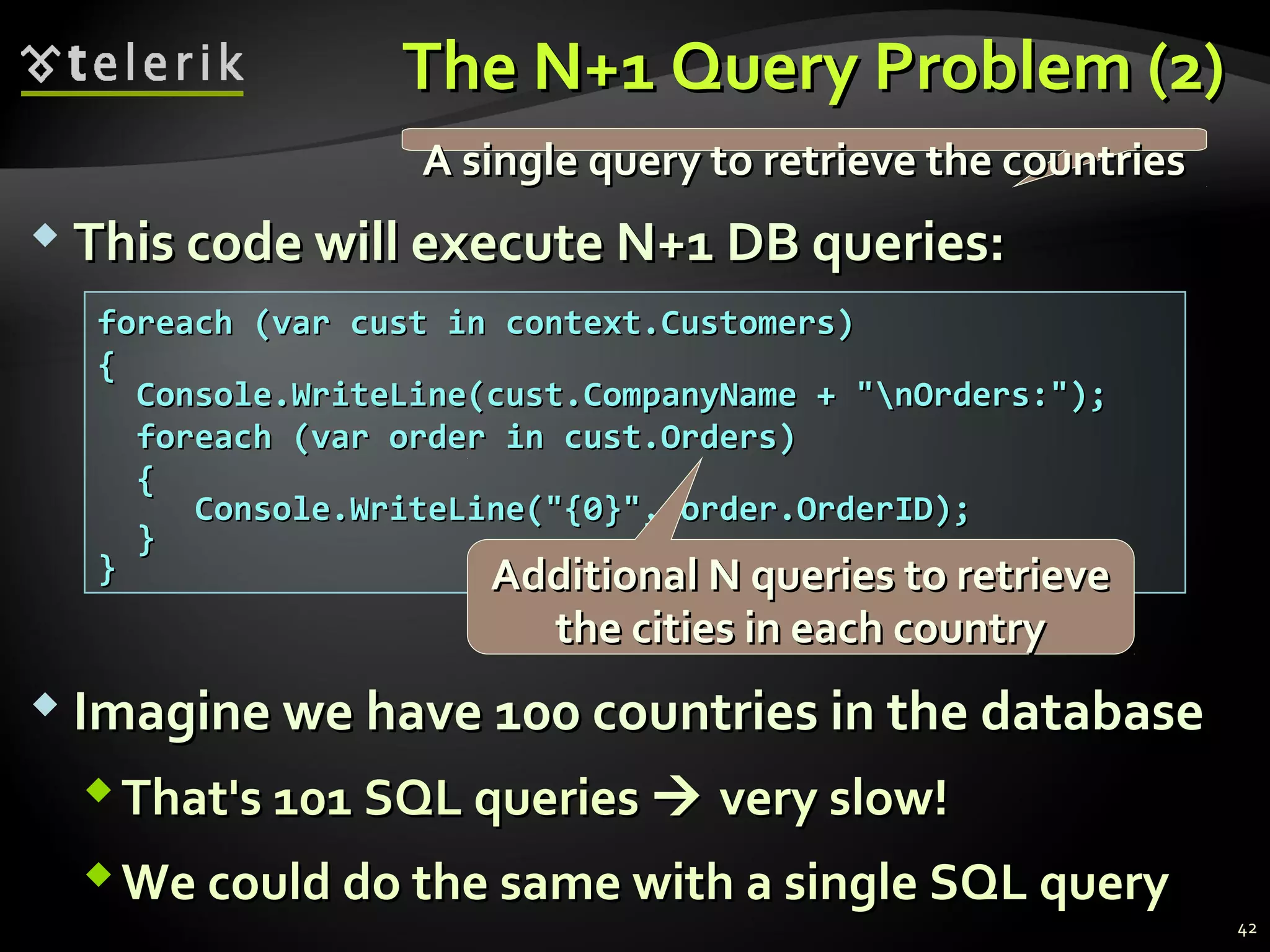 The N+1 Query Problem (2)The N+1 Query Problem (2)
foreach (var cust in context.Customers)foreach (var cust in context.Customers)
{{
Console.WriteLine(cust.CompanyName + "nOrders:");Console.WriteLine(cust.CompanyName + "nOrders:");
foreach (var order in cust.Orders)foreach (var order in cust.Orders)
{{
Console.WriteLine("{0}", order.OrderID);Console.WriteLine("{0}", order.OrderID);
}}
}}
A single query to retrieve the countriesA single query to retrieve the countries
Additional N queries to retrieveAdditional N queries to retrieve
the cities in each countrythe cities in each country
 Imagine we have 100 countries in the databaseImagine we have 100 countries in the database
That's 101 SQL queriesThat's 101 SQL queries  very slow!very slow!
We could do the same with a single SQL queryWe could do the same with a single SQL query
 This code will execute N+1 DB queries:This code will execute N+1 DB queries:
42
 