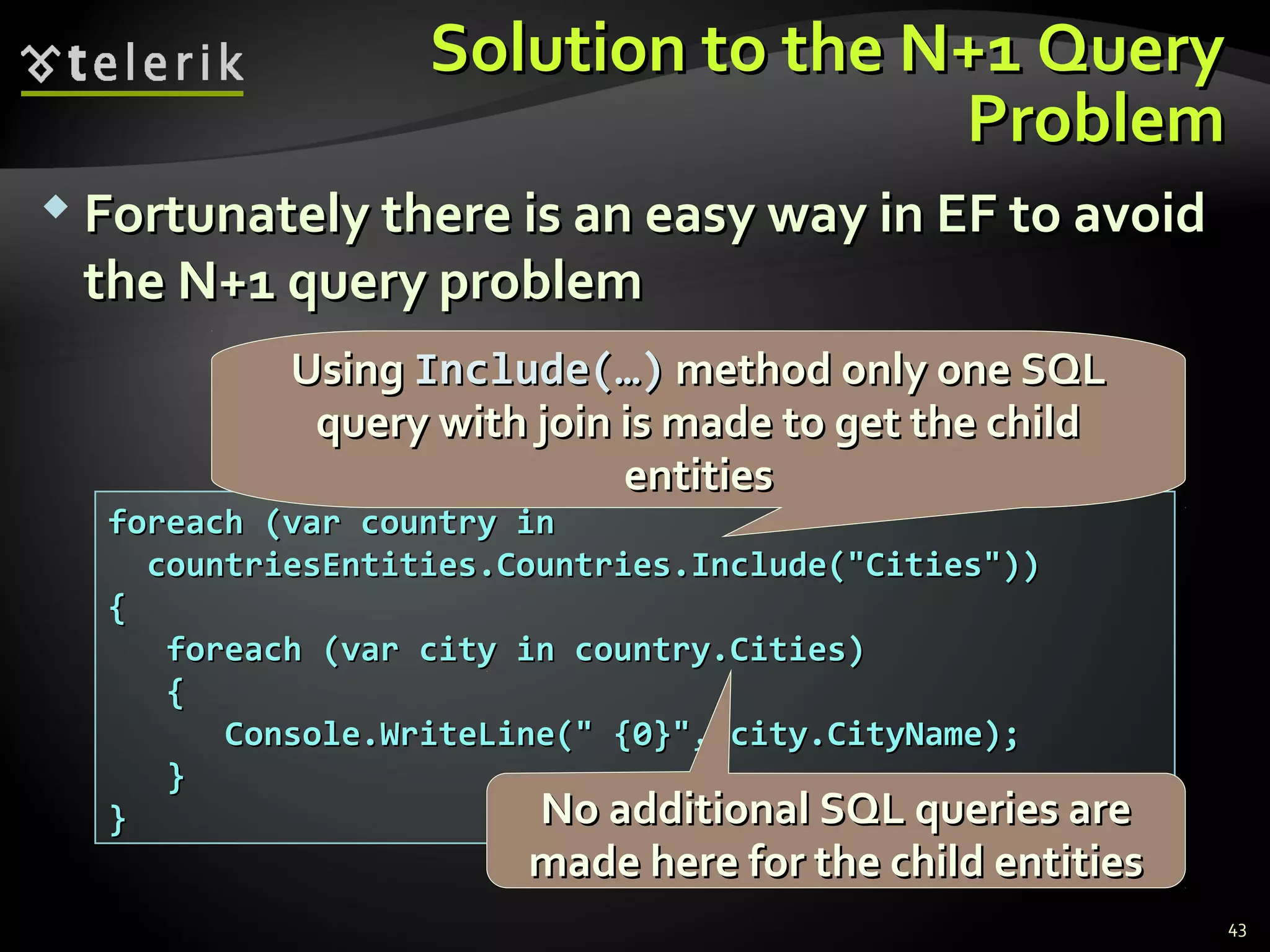 Solution to the N+1 QuerySolution to the N+1 Query
ProblemProblem
 Fortunately there is an easy way in EF to avoidFortunately there is an easy way in EF to avoid
the N+1 query problemthe N+1 query problem
43
foreach (var country inforeach (var country in
countriesEntities.Countries.Include("Cities"))countriesEntities.Countries.Include("Cities"))
{{
foreach (var city in country.Cities)foreach (var city in country.Cities)
{{
Console.WriteLine(" {0}", city.CityName);Console.WriteLine(" {0}", city.CityName);
}}
}}
UsingUsing Include(…)Include(…) method only one SQLmethod only one SQL
query with join is made to get the childquery with join is made to get the child
entitiesentities
No additional SQL queries areNo additional SQL queries are
made here for the child entitiesmade here for the child entities
 
