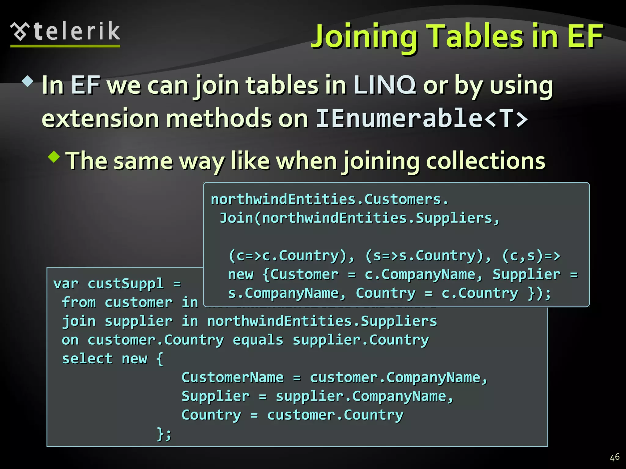 Joining Tables in EFJoining Tables in EF
 InIn EFEF we can join tables inwe can join tables in LINQLINQ or by usingor by using
extension methods onextension methods on IEnumerable<T>IEnumerable<T>
The same way like when joining collectionsThe same way like when joining collections
var custSuppl =var custSuppl =
from customer in northwindEntities.Customersfrom customer in northwindEntities.Customers
join supplier in northwindEntities.Suppliersjoin supplier in northwindEntities.Suppliers
on customer.Country equals supplier.Countryon customer.Country equals supplier.Country
select new {select new {
CustomerName = customer.CompanyName,CustomerName = customer.CompanyName,
Supplier = supplier.CompanyName,Supplier = supplier.CompanyName,
Country = customer.CountryCountry = customer.Country
};};
var custSuppl =var custSuppl =
from customer in northwindEntities.Customersfrom customer in northwindEntities.Customers
join supplier in northwindEntities.Suppliersjoin supplier in northwindEntities.Suppliers
on customer.Country equals supplier.Countryon customer.Country equals supplier.Country
select new {select new {
CustomerName = customer.CompanyName,CustomerName = customer.CompanyName,
Supplier = supplier.CompanyName,Supplier = supplier.CompanyName,
Country = customer.CountryCountry = customer.Country
};};
northwindEntities.Customers.northwindEntities.Customers.
Join(northwindEntities.Suppliers,Join(northwindEntities.Suppliers,
(c=>c.Country), (s=>s.Country), (c,s)=>(c=>c.Country), (s=>s.Country), (c,s)=>
new {Customer = c.CompanyName, Supplier =new {Customer = c.CompanyName, Supplier =
s.CompanyName, Country = c.Country });s.CompanyName, Country = c.Country });
northwindEntities.Customers.northwindEntities.Customers.
Join(northwindEntities.Suppliers,Join(northwindEntities.Suppliers,
(c=>c.Country), (s=>s.Country), (c,s)=>(c=>c.Country), (s=>s.Country), (c,s)=>
new {Customer = c.CompanyName, Supplier =new {Customer = c.CompanyName, Supplier =
s.CompanyName, Country = c.Country });s.CompanyName, Country = c.Country });
46
 