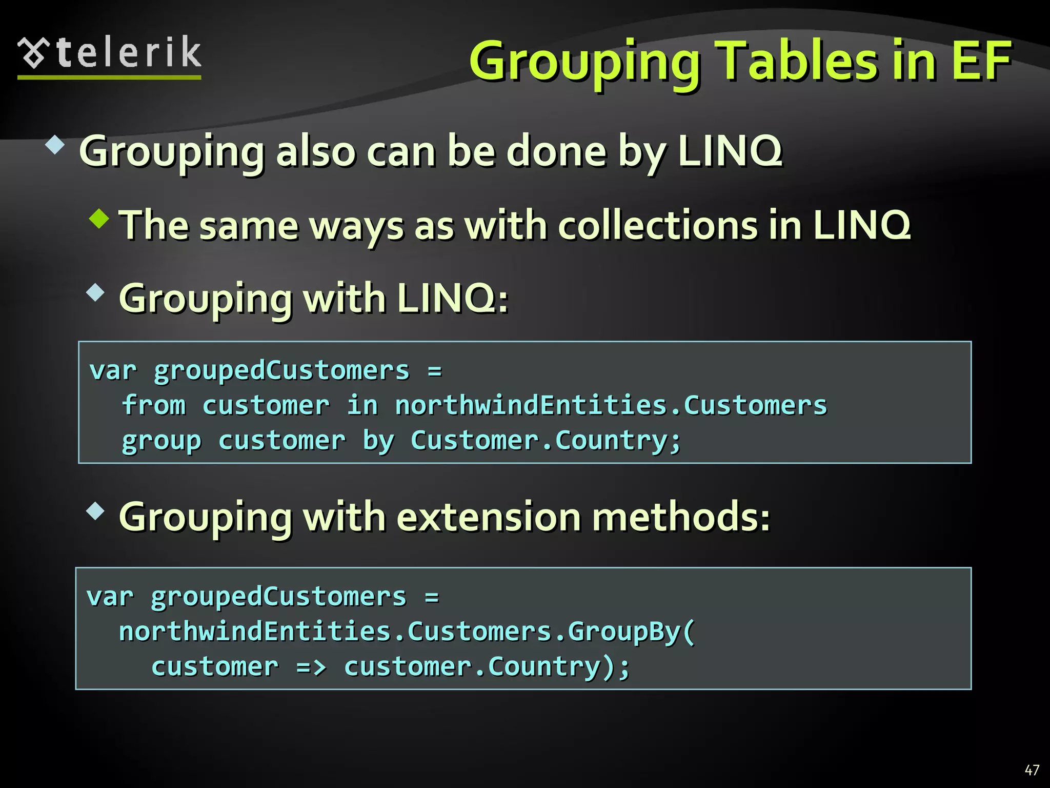 Grouping Tables in EFGrouping Tables in EF
 Grouping also can be done by LINQGrouping also can be done by LINQ
The same ways as with collections in LINQThe same ways as with collections in LINQ
 Grouping with LINQ:Grouping with LINQ:
 Grouping with extension methods:Grouping with extension methods:
var groupedCustomers =var groupedCustomers =
from customer in northwindEntities.Customersfrom customer in northwindEntities.Customers
group customer by Customer.Country;group customer by Customer.Country;
var groupedCustomers =var groupedCustomers =
northwindEntities.Customers.GroupBy(northwindEntities.Customers.GroupBy(
customer => customer.Country);customer => customer.Country);
47
 