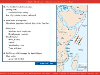 III. The Swahili Coast of East Africa Trading ports Muslim influence strong Rest of population remains traditional A. The Coastal Trading Ports Mogadishu, Mombasa, Malindi, Kilwa, Pate, Zanzibar Madagascar Southeast Asian immigrants Bring bananas, coconuts Blended culture Bantu, Islamic Swahili Spreads along coast Trade with Asia B. The Mixture of Cultures on the Swahili Coast Islam unifies Along with Swahili The Swahili Coast 