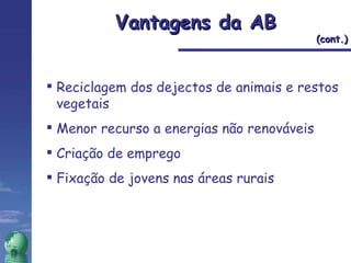 Vantagens da AB (cont.) Reciclagem dos dejectos de animais e restos vegetais Menor recurso a energias não renováveis Criação de emprego  Fixação de jovens nas áreas rurais 