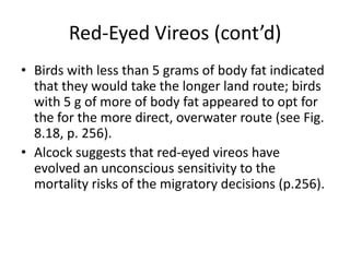 Red-Eyed Vireos (cont’d)
• Birds with less than 5 grams of body fat indicated
  that they would take the longer land route; birds
  with 5 g of more of body fat appeared to opt for
  the for the more direct, overwater route (see Fig.
  8.18, p. 256).
• Alcock suggests that red-eyed vireos have
  evolved an unconscious sensitivity to the
  mortality risks of the migratory decisions (p.256).
 