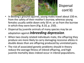 Dispersal
                                                 cont’d)
• In Belding’s ground squirrel, young males travel about 150 m.
  from the safety of their mother’s burrow, whereas young
  females usually settle down only 50 m. or so from the burrow
  in which they were born (Fig. 8.10, p. 250) .
• Dispersal by juvenile animals of many species may be an
  adaptation against inbreeding depression.
• When two closely related individuals mate, the offspring they
  produce are more likely to carry damaging recessive alleles in
  double doses than are offspring produced by unrelated pairs.
• The risk of associated genetic problems should in theory
  reduce the average fitness of inbred offspring, and high
  juvenile mortality does indeed occur in inbred populations.
 