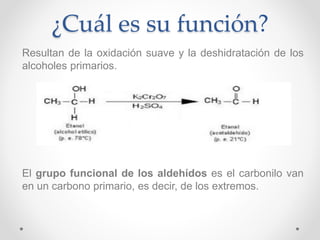 ¿Cuál es su función?
Resultan de la oxidación suave y la deshidratación de los
alcoholes primarios.
El grupo funcional de los aldehídos es el carbonilo van
en un carbono primario, es decir, de los extremos.
 