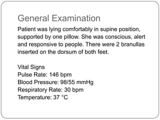ArthropometryWeight	           : 11 kgHeight	           : 95 cm Impression	:  The height is on the 50th centile while the weight is between 3rd and 10th centile.Hydrational statustongue and mucous membranes in the oral cavity were moistNormal skin turgor.Capillary refill time was less than 2 secondsImpression: Her hydration status was good.