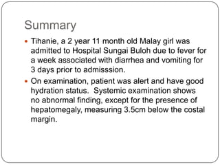 Provisional DiagnosisJuvenile Idiopathic ArthritisPoints to support:History of warm & swollen joint