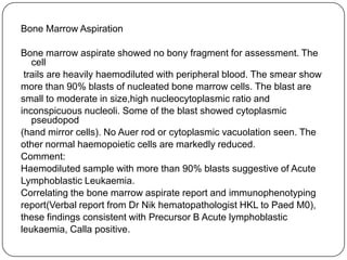 Peripheral Blood FilmHB:Moderateanaemia.RBC:Microcytosis with anisopoikilocytosis. No nrbc seen.WBC:Markedly reduced. Occasional lymphocytes, atypical lymphocytes and band neutrophils. An occasional suspicious looking mononuclear seen.PLT:Reduced. No platelet clumping.Impression: Severe pancytopenia. Acute leukaemia cannot be rule out from this smear. Advise for BMA TRO haematological malignancy.