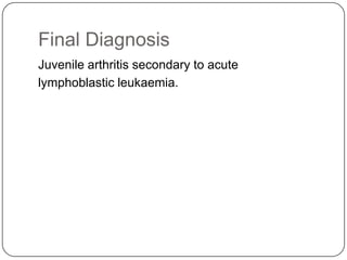 Bone Marrow AspirationBone marrow aspirate showed no bony fragment for assessment. The cell trails are heavily haemodiluted with peripheral blood. The smear showmore than 90% blasts of nucleated bone marrow cells. The blast aresmall to moderate in size,highnucleocytoplasmic ratio andinconspicuous nucleoli. Some of the blast showed cytoplasmicpseudopod(hand mirror cells). No Auer rod or cytoplasmicvacuolation seen. Theother normal haemopoietic cells are markedly reduced.Comment:Haemodiluted sample with more than 90% blasts suggestive of AcuteLymphoblastic Leukaemia.Correlating the bone marrow aspirate report and immunophenotypingreport(Verbal report from Dr Nikhematopathologist HKL to Paed M0),these findings consistent with Precursor B Acute lymphoblasticleukaemia, Calla positive.