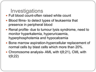 Signs Hepatomegaly (84%)Spleenomegaly (76%)Lymphadenopathy(84%)   Due to reticulo-endothelial system infiltration which the increase of worn out blood cells result in phagocytosis of macrophage and monocytes to the blast cells            (Percentage based on Acute leukaemia in malaysia children, sinniah et.al, 1971)