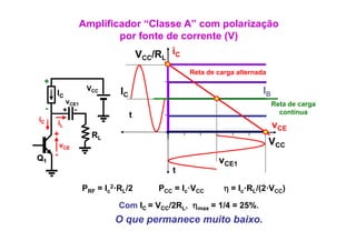 Amplificador “Classe A” com polarização
                              p
                              por fonte de corrente (V)
                                                    ( )
                                 V /R iC CC   L

                                                      Reta de carga alternada
 +
                       VCC                                                  IB
         IC                     IC
               vCE1                                                              Reta de carga
     -        + -                                                                  contínua
                                     t
iC
             iL                                                                  vCE
         +              RL
             vCE                                                                VCC
Q1       -
                                                              vCE1
                                                  t

                      PRF = Ic2·RL/2          PCC = Ic·VCC      η = Ic·RL/(2·VCC)

                                Com IC = VCC/2RL, ηmax = 1/4 = 25%.
                               O que permanece muito baixo.
 