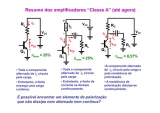 Resumo dos amplificadores “Classe A” (até agora)

             iC
                           +
   RL                              IC
                                                 VCC              RC
                   VCC                                            +     -        VCC
                               -        +    -           iC

         +                iC
                                       iL                     + iL
             vCE                   +                              vCE       RL
                                                  RL
         -                                               Q1   -
   Q1                                  vCE
             ηmax = 25%   Q1       -                                  ηmax = 8,57%
                                                                             8 57%
                                            ηmax = 25%
                                                          •A componente alternada
• T d a componente
  Toda              t     • Toda a componente             de iC circula pela carga e
alternada de iC circula   alternada de iC circula         pela resistência de
pela carga.               pela carga.                     polarização.
• Entretanto a fonte
  Entretanto,             • Entretanto, a fonte de        • A resistência de
enxerga uma carga         corrente se dissipa             polarização dissipa-se
contínua.                 continuamente.                  continuamente.

É possível encontrar um elemento de polarização
que não dissipe nem alternada nem contínua?
 