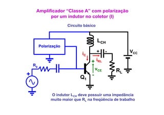 Amplificador “Classe A” com polarização
           p
           por um indutor no coletor (I)
                                     ()
                       Circuito básico



                                         LCH
         Polarização
                               iC        +    -         VCC

                                    + iRL
    Rg
                                        vCE       RL
+                             Q1    -


               O indutor LCH deve possuir uma impedância
                                  p              p
               muito maior que RL na freqüência de trabalho
 
