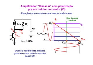 Amplificador “Classe A” com polarização
                     p
                     por um indutor no coletor (VI)
                                               ( )
                Situação com o máximo sinal que se pode operar

                                                                Reta de
                                                                R t d carga
                                                     iC           contínua

          LCH                                 2iC1
                      RL                                                      IB
iC                         VCC

      +         iRL
                                 iC1=VCC/RL
          vCE
Q1    -                                t                                      vCE
                ηmax = 50%.
                                                          VCC             2VCC

      Qual é o rendimento máximo
                                                     t
     quando o sinal não é a máxima
                possível?
 