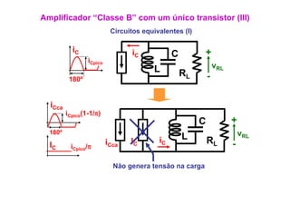 Amplificador “Classe B” com um único transistor (III)
                           Circuitos equivalentes (I)

           iC                     iC                     +
                                               C
                 iCpico
                                        L                       vRL
                                                   RL       -
          180
          180º


  iCca
         iCpico(1-1/π)
                                                        C             +
  180º
                                                   L                      vRL
  IC                      iCca   IC       iC                RL        -
          iCpico/π

                            Não genera tensão na carga
 