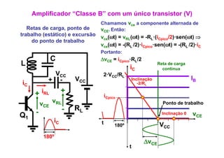 Amplificador “Classe B” com um único transistor (V)
                                  Chamamos vce a componente alternada de
                                                    p
   Retas de carga, ponto de       vCE. Então:
trabalho (estático) e excursão v (ωt) = v (ωt) = -R ·(i
                                ce         RL          L Cpico/2)·sen(ωt) ⇒
    do ponto de trabalho
        p
                               vce( t) = -(RL /2) iCpico·sen(ωt) = -(RL /2) iC
                                  (ωt) (R /2)·i             ( t) (R /2)·i
                                  Portanto:
              C                   ΔvCE = iCpico·RL/2
                                                  /
L                                                  iC
                                                                Reta de carga
                                                                  contínua
             VCC                   2·VCC/RL
            + -         VCC                        Inclinação                    IB
iC                                                    -2/RL

      + iRL        +
                                       iC i
                                        Cpico
          vCE vRL                                                 Ponto de trabalho

      -             -   RL
Q1                                                                Inclinação 0   vCE
              iC                   t        180º                 VCC
           180º
                                                         ΔvCE
                                                   t
 