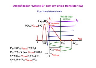 Amplificador “Classe B” com um único transistor (IX)
                              Com t
                              C   transistores reais
                                       i t        i

                                                               Reta de carga
                                             iC                  contínua
                                                                     tí
                                  2·VCC/RL                                       IB
                                                  Inclinação
               2 (V v
               2·(VCC-vCE sat)/RL                 -2/RL




                                                                                      vCE
                              t       180º                     VCC             2VCC

PRF = (VCC-vCE sat)2/(2·RL)
                                                 VCC-vCE sat
PCC = VCC·2·(VCC-vCE sat)/(π·RL)
η = π·(VCC-vCE sat)/(4·VCC) ⇒
                                                   vCE sat
                                             t
η = 0,785·(VCC-vCE sat)/VCC
 