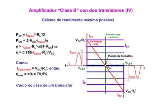 Amplificador “Clase B” con dos transistores (IV)

                 Cálculo do rendimento máximo possível


PRF = iCpico2·RL’/2                                 iC1          Reta de carga
                                                                   contínua
PCC = 2·VCC·iCpico/π                    VCC/RL’     Inclinação
                                                      -1/RL’
η = iCpico·RL’·π/(4·VCC) ⇒                                                       IB1
η = 0,785·iCpico·RL’/VCC           iCpico
                                                                  Ponto de trabalho

Como:                                                                            vCE1
                               t
iCpico max = VCC/RL’, então:                vCE2                  VCC                       t

ηmax = π/4 = 78,5%                                                                 iCpico
                                              IB1
Como no caso de um transistor
                                                                                 VCC/RL’
                                                                           iC2
 