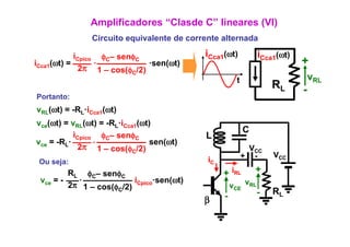 Amplificadores “Clasde C” lineares (VI)
               Circuito equivalente de corrente alternada

           iCpico φC– senφC                iCca1(ωt)           iCca1(ωt)
iCca1( ) =
     (ωt)        ·           ·sen(ωt)
                                 ( )                                       +
            2π 1 – cos(φC/2)
                        (φ
                                                      t                        vRL
                                                                   RL      -
Portanto:
vRL(ωt) = -RL·iCca1(ωt)
vce(ωt) = vRL(ωt) = -RL·iCca1(ωt)
                        i
                                                          C
           iCpico φC– senφC                L
vce = -RL·       ·              sen(ωt)
            2π 1 – cos(φC/2)
                          (φ )                             VCC
                                                          + -      VCC
 Ou seja:                                   iC
         RL φC– senφC                            + iRL        +
 vce = -   ·              i     ·sen(ωt)
         2π 1 – cos(φC/2) Cpico                      vCE vRL
                                                 -             -   RL
                                           β
 