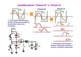 Amplificadores “Classe D” e “Classe E”
                   vA                          Classe D               Classe E
        iL                                               vA                 vA
                                                                     iL
                                               iL

   Comutação forçada pelos
diodos: bloqueiam quando os
transistores entram em                   iC1                                iC1
condução.
       +VCC
                                                   iC2                       iD1
        iC1   iD1                                                                  iC2
              D1
  Q1          iL   VCC/2
                            A
                                                                                     iD2
                   +    -            L
        iC2   iD2           +                 +                Comutação natural pelos
                                     C             vRL        diodos: bloqueiam quando se
                                vA       RL
              D2                               -              inverte a corrente ressonante.
                            -
Q2
 