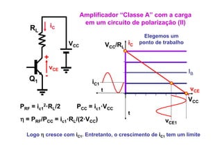 Amplificador “Classe A” com a carga
             iC           em um circuito de polarização ( )
                                            p       ç (II)
   RL
                                                    Elegemos um
                   VCC                VCC/RL iC   ponto de trabalho

         +
             vCE
                                                                      IB
   Q1    -
                            iC1
                                  t                                   vCE
                                                                      VCC
PRF = ic12·RL/2      PCC = ic1·VCC
                                             t
η = PRF/PCC = ic1·RL/(2·VCC)                               vCE1

  Logo η cresce com iC1. Entretanto, o crescimento de iC1 tem um limite
 