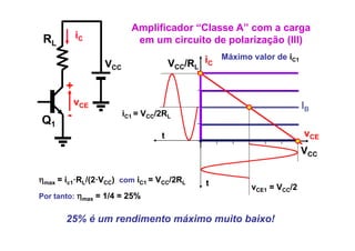 Amplificador “Classe A” com a carga
 RL        iC             em um circuito de polarização (III)

                 VCC                 VCC/RL   iC Máximo valor de iC1

       +
           vCE                                                         IB
Q1     -               iC1 = VCC/2RL

                                 t                                     vCE
                                                                       VCC

ηmax = ic1·RL/(2·VCC) com iC1 = VCC/2RL
           R /(2 V                            t         vCE1 = VCC/2
Por tanto: ηmax = 1/4 = 25%


       25% é um rendimento máximo muito baixo!
 