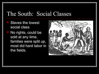 The South: Social Classes
   Slaves the lowest
    social class
   No rights, could be
    sold at any time,
    families were split up,
    most did hard labor in
    the fields.
 