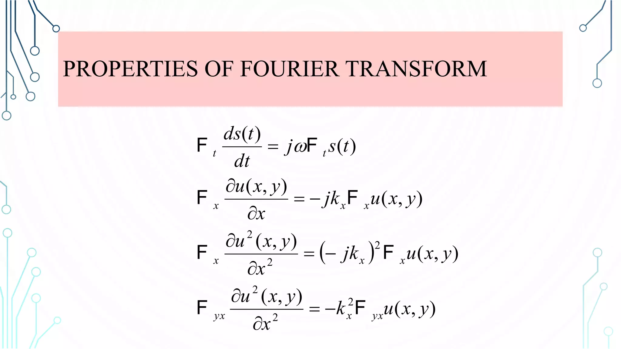 PROPERTIES OF FOURIER TRANSFORM
 
),(
),(
),(
),(
),(
),(
)(
)(
2
2
2
2
2
2
yxuk
x
yxu
yxujk
x
yxu
yxujk
x
yxu
tsj
dt
tds
yxxyx
xxx
xxx
tt
FF
FF
FF
FF









 
 