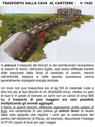 TRASPORTO DALLA CAVA AL CANTIERE -                         V FASE




In pianura il trasporto dei blocchi (o dei semilavorati) necessitava
di sistemi di traino: nell‟antico Egitto, essi erano effettuati tramite
slitte trascinate dalla forza di centinaia di uomini, mentre
nell‟antichità classica e nelle epoche successive veniva
generalmente impiegata energia animale.

Un mulo non può trasportare più di kg.150 di materiale (vale a
dire non più di due blocchi di cm 20x25x50 circa), mentre un paio
di buoi è in grado di trainare un carro con un carico di circa 800
kg; il trasporto di pesi maggiori era reso possibile
moltiplicando gli animali aggiogati.
Il traino di grandi blocchi, effettuato aggiogando molte coppie di
buoi, era certamente in uso presso gli antichi Greci: lo studio
della nota epigrafe che registra i conti per la costruzione del
portico del telesterion di Eleusi, ad esempio, documenta l‟impiego
di 27-40 coppie di buoi per ogni viaggio.
 