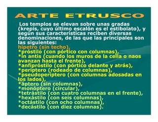 Los templos se elevan sobre unas gradas
(krepis, cuyo último escalón es el estibolato), y
según sus características reciben diversas
denominaciones, de las que las principales son
las siguientes:
hípetro (sin techo),
*próstilo (con pórtico con columnas),
*in antis (cuando los muros de la cella o naos
avanzan hasta el frente),
*anfipróstilo (con pórtico delante y atrás),
*períptero (rodeado de columnas),
*pseudoperíptero (con columnas adosadas en
los lados),
*áptero (sin columnas),
*monóptero (circular),
*tetrástilo (con cuatro columnas en el frente),
*hexástilo (con seis columnas),
*octástilo (con ocho columnas),
*decástilo (con diez columnas).
 