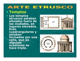 • Templos
• Los templos
  etruscos estaban
  situados fuera de
  las ciudades, en
  lugares elevados.
  Eran
  cuadrangulares y
  estaban
  formados por una
  cella, que en
  algunas
  ocasiones se
  hace triple.
 