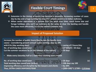 Flexible Court Timings
 Extension in the timing of courts has become a necessity. Increasing number of cases
day by day and a huge backlog has become a drastic problem in Indian Judiciary.
 When senior executives in a private firm can work over time, reach home late and
forego holidays, why can’t our judiciary do the same to clear the backlog and handle
the cases more efficiently. It is in the nation’s interest only.
Increase the number of public hours/day by two (to handle more
cases) – [considering present annual useful working days as 200
with 8 hr./day working days] = saving of 2 hours/day
No. of working days saved/year = (2*200)/8 = 50 days (a)
Cut the summer vacations by (in the interest of the nation) = 30 days (b)
• Make every Saturday half or 2 Saturdays working every month
No. of working days saved/year = 26 days (c)
Total working days saved/year (a+b+c) = 106 days say 100
Improving efficiency and discipline by the lawyers and clients = by 20%
Thus, EXTRA CASES DISPOSED/YEAR = (200+100)*1.2/200 = 1.8 times
Impact of Proposed Solution
7
 