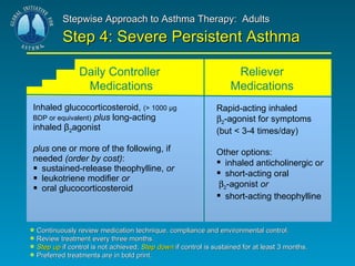 Inhaled glucocorticosteroid,  (> 1000 μg BDP or equivalent)   plus  long-acting inhaled β 2 agonist  plus  one or more of the following, if needed  (order by cost) : sustained-release theophylline,  or leukotriene modifier  or oral glucocorticosteroid Rapid-acting inhaled   2 -agonist for symptoms  (but < 3-4 times/day) Other options:  inhaled anticholinergic o r short-acting oral   2 -agonist  or short-acting theophylline Continuously review medication technique, compliance and environmental control. Review treatment every three months. Step up  if control is not achieved;  Step down  if control is sustained for at least 3 months. Preferred treatments are in bold print. Stepwise Approach to Asthma Therapy:  Adults Step 4: Severe Persistent Asthma Daily Controller  Medications Reliever Medications 