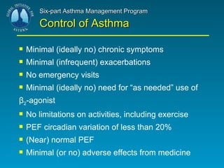 Six-part Asthma Management Program Control of Asthma Minimal (ideally no) chronic symptoms Minimal (infrequent) exacerbations No emergency visits Minimal (ideally no) need for “as needed” use of  β 2 -agonist  No limitations on activities, including exercise PEF circadian variation of less than 20% (Near) normal PEF Minimal (or no) adverse effects from medicine 