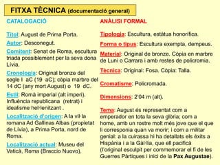 FITXA TÈCNICA (documentació general)
CATALOGACIÓ                           ANÀLISI FORMAL

Títol: August de Prima Porta.  ...