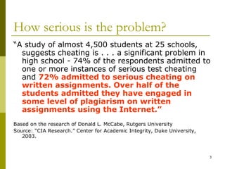 How serious is the problem?
“A study of almost 4,500 students at 25 schools,
  suggests cheating is . . . a significant problem in
  high school - 74% of the respondents admitted to
  one or more instances of serious test cheating
  and 72% admitted to serious cheating on
  written assignments. Over half of the
  students admitted they have engaged in
  some level of plagiarism on written
  assignments using the Internet.”
Based on the research of Donald L. McCabe, Rutgers University
Source: “CIA Research.” Center for Academic Integrity, Duke University,
   2003.



                                                                          3
 