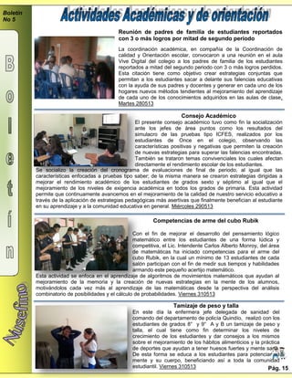 Boletín
No 5
Reunión de padres de familia de estudiantes reportados
con 3 o más logros por mitad de segundo periodo
La coordinación académica, en compañía de la Coordinación de
calidad y Orientación escolar, convocaron a una reunión en el aula
Vive Digital del colegio a los padres de familia de los estudiantes
reportados a mitad del segundo periodo con 3 o más logros perdidos.
Esta citación tiene como objetivo crear estrategias conjuntas que
permitan a los estudiantes sacar a delante sus falencias educativas
con la ayuda de sus padres y docentes y generar en cada uno de los
hogares nuevos métodos tendientes al mejoramiento del aprendizaje
de cada uno de los conocimientos adquiridos en las aulas de clase.
Martes 280513
Pág. 15
Tamizaje de peso y talla
En este día la enfermera jefe delegada de sanidad del
comando del departamento de policía Quindío, realizó con los
estudiantes de grados 8° y 9° A y B un tamizaje de peso y
talla, el cual tiene como fin determinar los niveles de
crecimiento de los estudiantes y dar consejos a los mismos
sobre el mejoramiento de los hábitos alimenticios y la práctica
de deportes que ayudan a tener huesos fuertes y mente sana.
De esta forma se educa a los estudiantes para potenciar su
mente y su cuerpo, beneficiando así a toda la comunidad
estudiantil. Viernes 310513
Competencias de arme del cubo Rubik
Con el fin de mejorar el desarrollo del pensamiento lógico
matemático entre los estudiantes de una forma lúdica y
competitiva, el Lic. Intendente Carlos Alberto Monroy, del área
de matemáticas ha iniciado competencias para el arme del
cubo Rubik, en la cual un mínimo de 13 estudiantes de cada
salón participan con el fin de medir sus tiempos y habilidades
armando este pequeño acertijo matemático.
Consejo Académico
El presente consejo académico tuvo como fin la socialización
ante los jefes de área puntos como los resultados del
simulacro de las pruebas tipo ICFES, realizados por los
estudiantes de Once en el colegio, observando las
características positivas y negativas que permiten la creación
de nuevas estrategias para superar las falencias encontradas.
También se trataron temas convivenciales los cuales afectan
directamente el rendimiento escolar de los estudiantes.
Se socializo la creación del cronograma de evaluaciones de final de periodo, al igual que las
características enfocadas a pruebas tipo saber; de la misma manera se crearon estrategias dirigidas a
mejorar el rendimiento académico de los estudiantes de grados sexto y séptimo al igual que el
mejoramiento de los niveles de exigencia académica en todos los grados de primaria. Esta actividad
permite que continuamente avancemos en el mejoramiento de la calidad de nuestro servicio educativo a
través de la aplicación de estrategias pedagógicas más asertivas que finalmente benefician al estudiante
en su aprendizaje y a la comunidad educativa en general. Miércoles 290513
Esta actividad se enfoca en el aprendizaje de algoritmos de movimientos matemáticos que ayudan al
mejoramiento de la memoria y la creación de nuevas estrategias en la mente de los alumnos,
motivándolos cada vez más al aprendizaje de las matemáticas desde la perspectiva del análisis
combinatorio de posibilidades y el cálculo de probabilidades. Viernes 310513
 