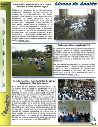 Boletín
No 5
Pág. 8
Capacitación y presentación de la prueba
de certificación de servidor Digital
Mediante la aplicación de un cronograma de
actividades concertado con los directivos del
colegio, se logro la destinación del tiempo
necesario para que los docentes y administrativos
estudiaran los temas requeridos para la
presentación de la evaluación virtual que los
acredita como “Servidores públicos digitales”, la
cual incluia temas variados referentes a la
aplicación de las tecnologías de la información y la
comunicación en las aulas de clase y el entorno en
el que vivimos. El 100% de los funcionarios aprobo
la evaluacion con puntajes superiores a 680
puntos de 1000 que habían, demostrando que el
personal adscrito a la unidad es idóneo en forma
integral sobre los conocimientos referentes a estos
temas. Viernes 240513
Partidos de futbol Interclases 2013
La celebración diaria de los partidos interclases en
el colegio, ayudan a mejorar notablemente la
convivencia entre los estudiantes, ya que aprenden
mediante el deporte nuevas técnicas de trabajo en
equipo, resolución de conflictos, metas comunes y a
afrontar la derrota y el triunfo de una forma muy
constructiva.
Los estudiantes no solo participan de cada partido
como jugadores en la cancha; también se esfuerzan
apoyando a sus compañeros, sin importar los
resultados. Prevalece el juego limpio y el buen trato,
beneficiando a toda una comunidad educativa a
través del deporte. Lunes 270513
Rosario rezado por los estudiantes del colegio
Celebración “Mes de la Virgen”
En el cierre del mes dedicado a la Virgen María. El día
31 de Mayo se llevó a cabo una celebración con toda la
primaria el denominado "Acto Mariano", el cual
consistió en reunir a toda la comunidad estudiantil en
torno a la imagen de Nuestra Señora de Fátima con el
fin de hacer oración y cantos en su honor; además de
recordarles a cada uno de los estudiantes que en
cualquier circunstancia debemos amar, respetar y cuidar
a nuestras madres en la tierra así como tenemos una
Madre en el cielo que hace todo por nosotros. Este acto
coincidió no sin razón alguna con la celebración del día
de las madres programado por el colegio para todas las
mamás de nuestros estudiantes, de manera que se
logra resaltar con ello la importancia de crecer en los
valores del amor y el respeto por los integrantes de la
Familia, de manera especial por aquél ser que logra
siempre unir a todos en el hogar. Martes 280513
 