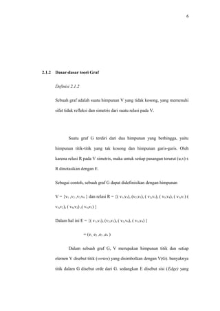 6




2.1.2   Dasar-dasar teori Graf


        Definisi 2.1.2


        Sebuah graf adalah suatu himpunan V yang tidak kosong, yang memenuhi

        sifat tidak refleksi dan simetris dari suatu relasi pada V.




                Suatu graf G terdiri dari dua himpunan yang berhingga, yaitu

        himpunan titik-titik yang tak kosong dan himpunan garis-garis. Oleh

        karena relasi R pada V simetris, maka untuk setiap pasangan terurut (u,v) ϵ

        R dinotasikan dengan E.


        Sebagai contoh, sebuah graf G dapat didefinisikan dengan himpunan


        V = {v1 ,v2 ,v3,v4 } dan relasi R = {( v1,v3), (v2,v3), ( v2,v4), ( v3,v4), ( v3,v1) (

        v3,v2), ( v4,v2) ,( v4,v3) }


        Dalam hal ini E = {( v1,v3), (v2,v3), ( v2,v4), ( v3,v4) }


                          = (e1, e2 ,e3 ,e4 )


                Dalam sebuah graf G, V merupakan himpunan titik dan setiap

        elemen V disebut titik (vertex) yang disimbolkan dengan V(G). banyaknya

        titik dalam G disebut orde dari G. sedangkan E disebut sisi (Edge) yang
 