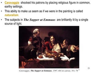 25
• Caravaggio shocked his patrons by placing religious figure in common,
earthy settings.
• This ability to make us seem as if we were in the painting is called
naturalism.
• The subjects in The Supper at Emmaus are brilliantly lit by a single
source of light.
Caravaggio, The Supper at Emmaus, 1597, Oil on canvas, 54 x 76”
 