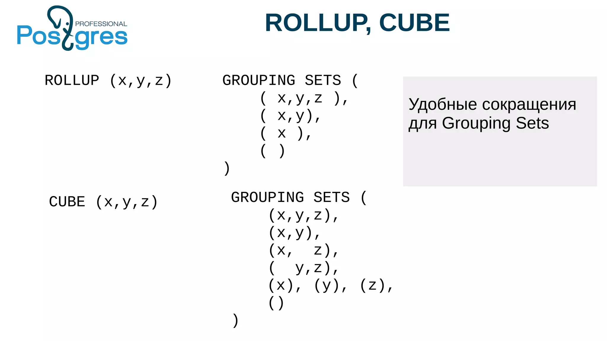 ROLLUP, CUBE
Удобные сокращения
для Grouping Sets
GROUPING SETS (
( x,y,z ),
( x,y),
( x ),
( )
)
ROLLUP (x,y,z)
CUBE (x,y,z) GROUPING SETS (
(x,y,z),
(x,y),
(x, z),
( y,z),
(x), (y), (z),
()
)
 