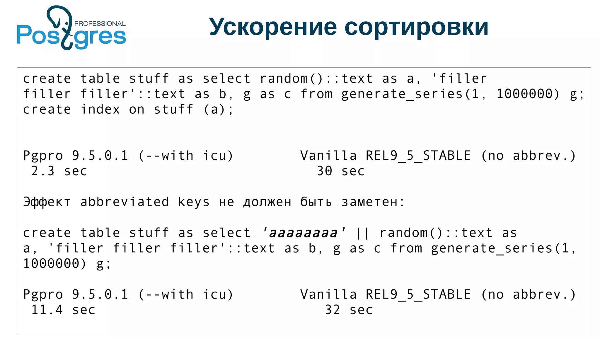 Ускорение сортировки
create table stuff as select random()::text as a, 'filler
filler filler'::text as b, g as c from generate_series(1, 1000000) g;
create index on stuff (a);
Pgpro 9.5.0.1 (--with icu) Vanilla REL9_5_STABLE (no abbrev.)
2.3 sec 30 sec
Эффект abbreviated keys не должен быть заметен:
create table stuff as select 'aaaaaaaa' || random()::text as
a, 'filler filler filler'::text as b, g as c from generate_series(1,
1000000) g;
Pgpro 9.5.0.1 (--with icu) Vanilla REL9_5_STABLE (no abbrev.)
11.4 sec 32 sec
 