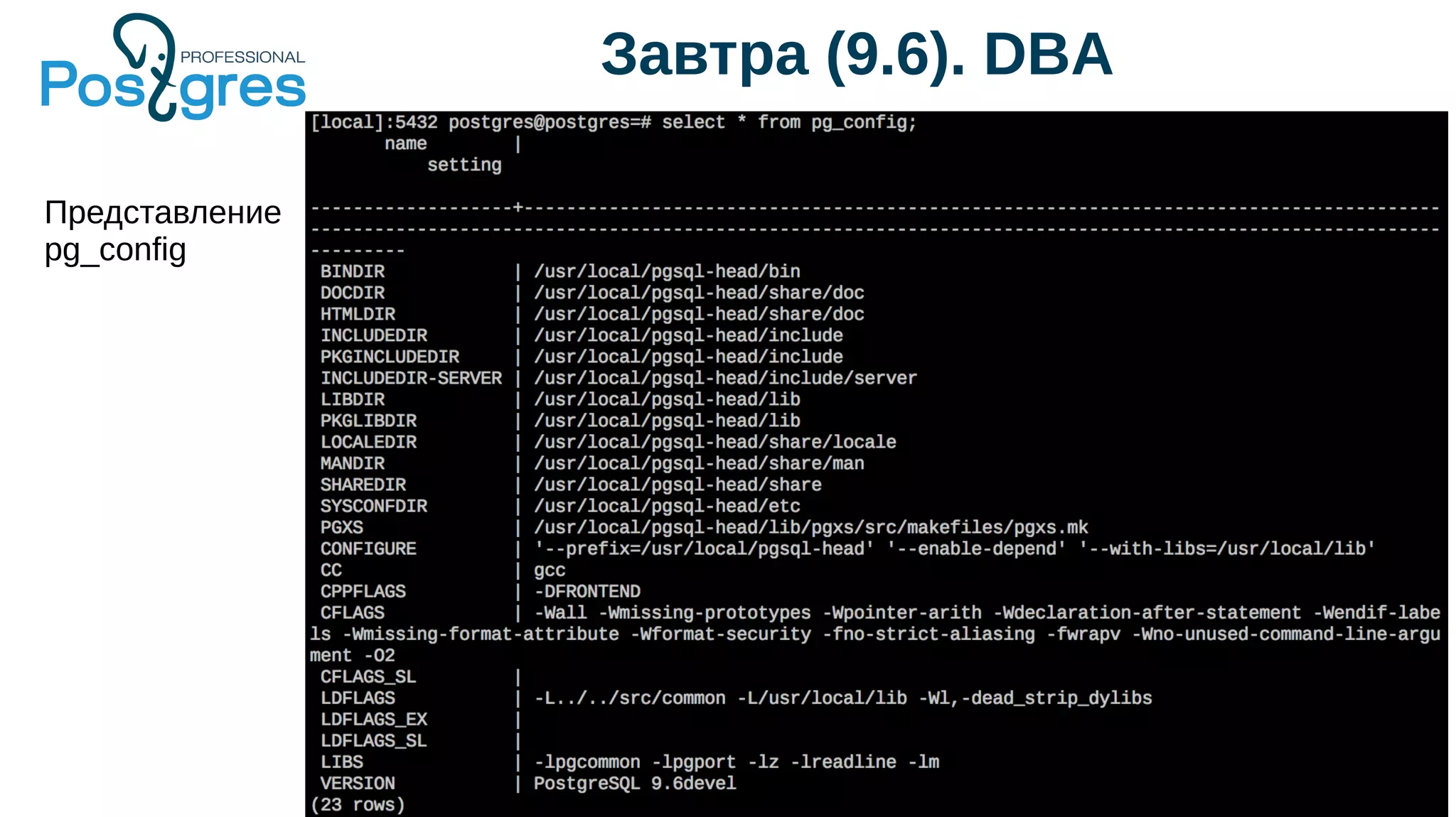 Завтра (9.6). DBA
Представление
pg_config
 