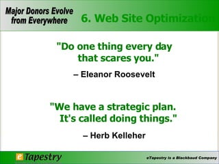 "Do one thing every day that scares you." –  Eleanor Roosevelt "We have a strategic plan.  It's called doing things." –  Herb Kelleher   6. Web Site Optimization 