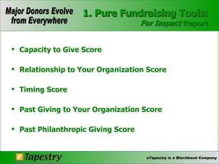 Capacity to Give Score Relationship to Your Organization Score Timing Score Past Giving to Your Organization Score Past Philanthropic Giving Score 1. Pure Fundraising Tools: For Impact  Report 