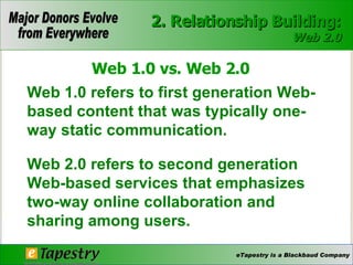 Web 1.0 vs. Web 2.0 Web 1.0 refers to first generation Web-based content that was typically one-way static communication. Web 2.0 refers to second generation Web-based services that emphasizes two-way online collaboration and sharing among users. 2. Relationship Building: Web 2.0 