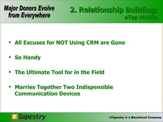 All Excuses for NOT Using CRM are Gone So Handy  The Ultimate Tool for in the Field  Marries Together Two Indispensible Communication Devices  2. Relationship Building: eTap Mobile 
