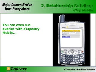 You can even run queries with eTapestry Mobile… 2. Relationship Building: eTap Mobile 