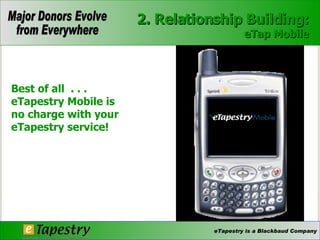 Best of all  . . . eTapestry Mobile is  no charge with your eTapestry service! 2. Relationship Building: eTap Mobile 